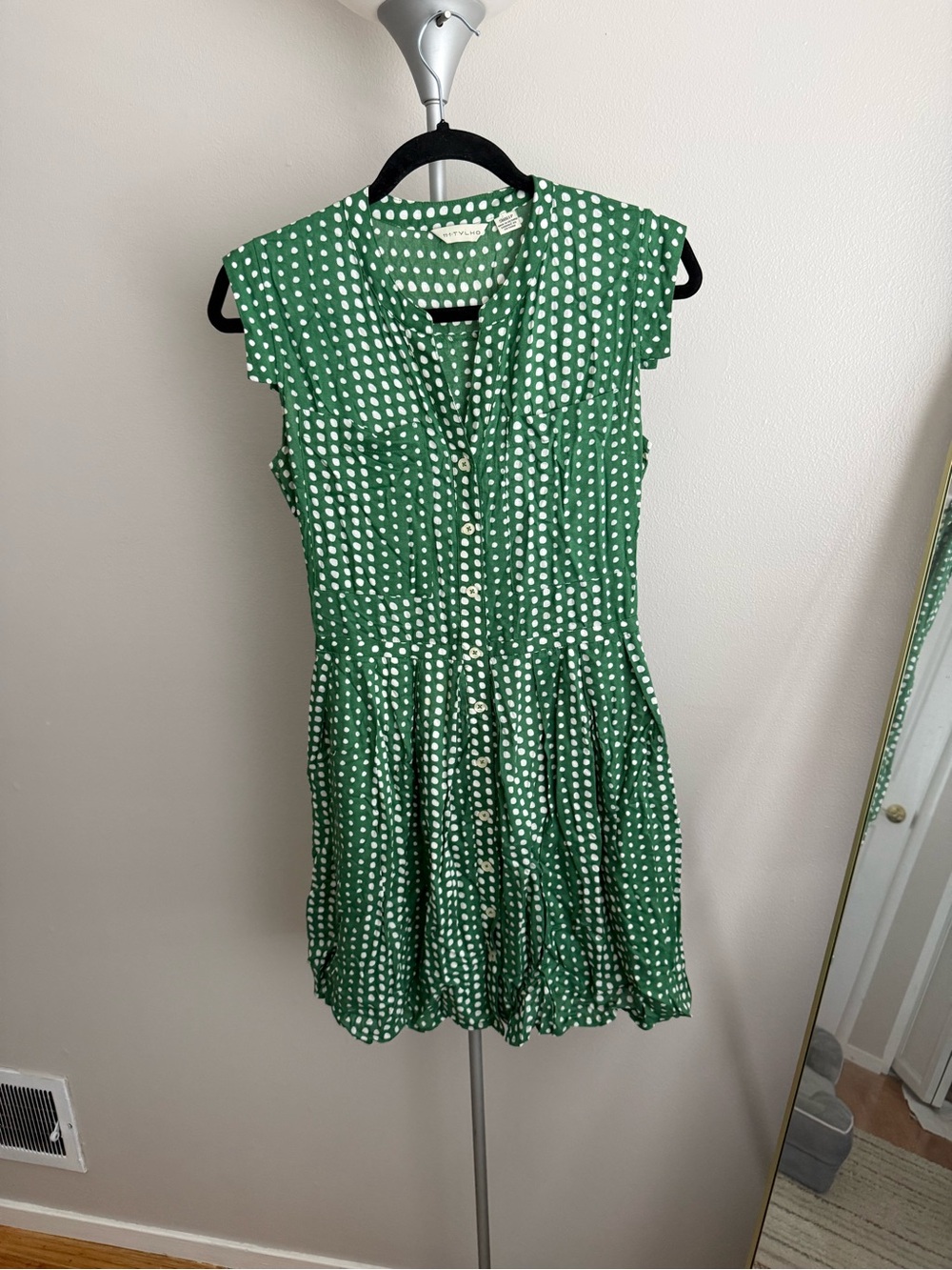 Green Polka Dot Button-Front Women's Dress